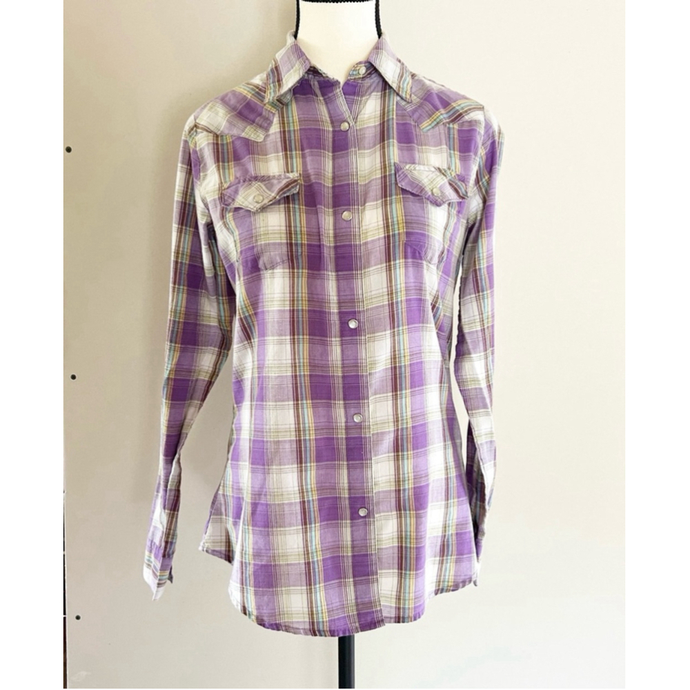 Wrangler Purple & White Plaid Western Top w/ Pearls Snap Closure Size Small